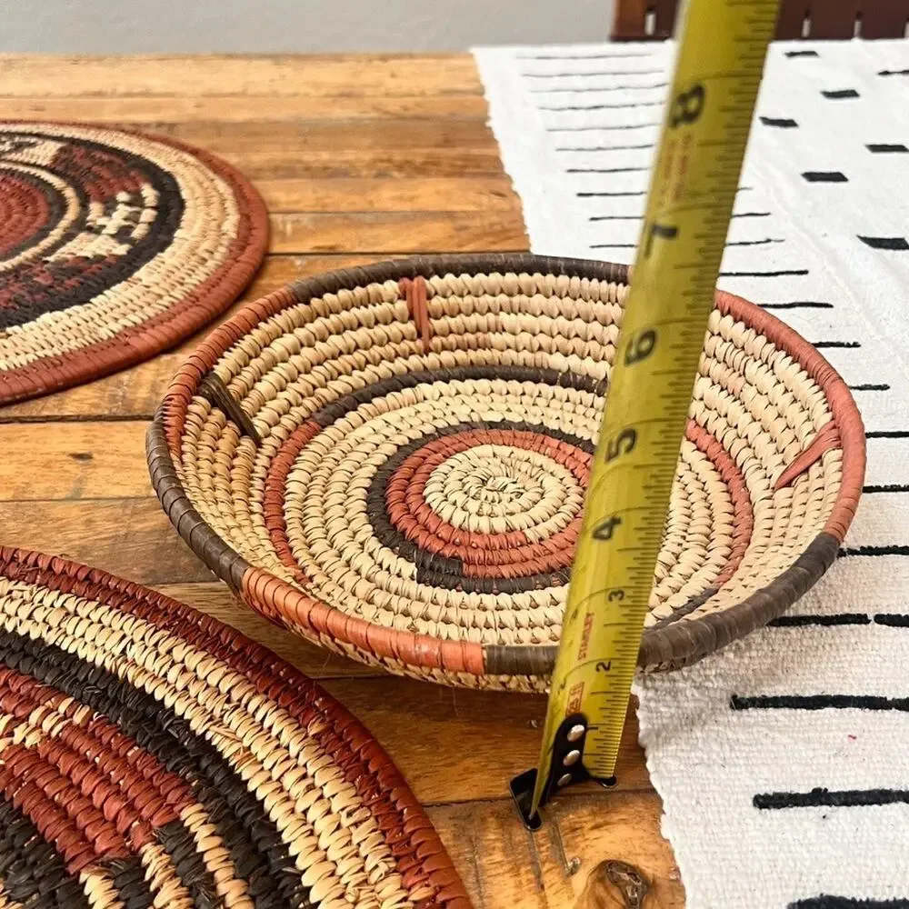Set Of 3 African Fulani Mbeedu Rounded Flat Bowl Woven Baskets Boho